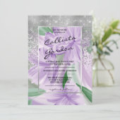 パープルエレガントグリーンシルバーフローラ結婚グリッター 招待状 (スタンド正面)