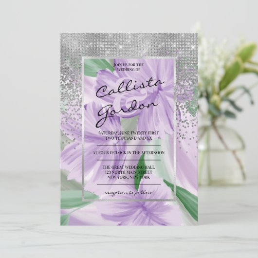 パープルエレガントグリーンシルバーフローラ結婚グリッター 招待状 (スタンド正面)