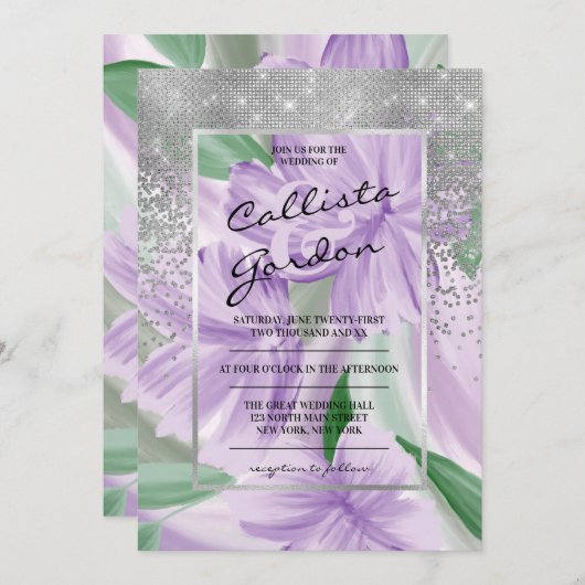 パープルエレガントグリーンシルバーフローラ結婚グリッター 招待状 (正面/裏面)