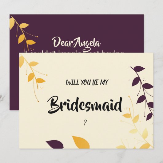 パープルエレガントゴールデン葉ズのブライデメイド 招待状 (正面/裏面)