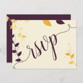 パープルエレガントゴールデン葉RSVP招待状ポスト インビテーションポストカード (正面/裏面)