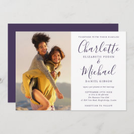 パープルエレガントシグネチャースクリプトの結婚写真 招待状