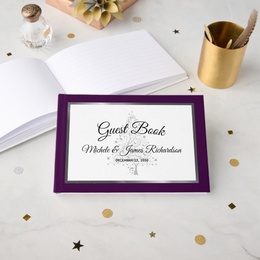 パープルエレガントシルバーウィンターホリデー結婚ズ ゲストブック (正面見開き)