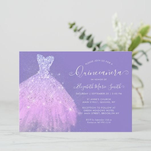 パープルエレガントシルバーグリッタードレスキンセアニェラ 招待状 (スタンド正面)