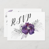 パープルエレガントシルバーグレーフローラRSVP返信 インビテーションポストカード (正面/裏面)