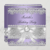パープルエレガントシルバーダイヤモンドパールバースデーパーティー 招待状 (正面/裏面)