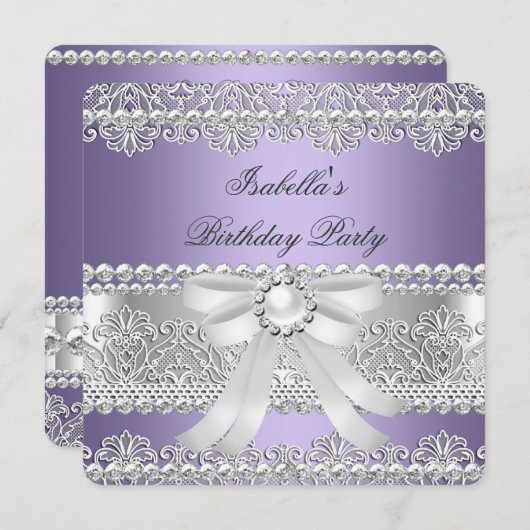 パープルエレガントシルバーダイヤモンドパールバースデーパーティー 招待状 (正面/裏面)