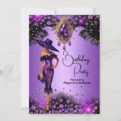 パープルエレガントジュエリードレス金ゴールド誕生日パーティー 招待状 (正面)