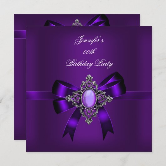 パープルエレガントジュエルボウ誕生日パーティー 招待状 (正面/裏面)