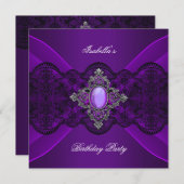 パープルエレガントジュエルレースシルバーバースデーパーティー 招待状 (正面/裏面)