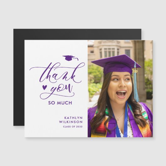 パープルエレガントスクリプト写真卒業ありがとう (正面/裏面)