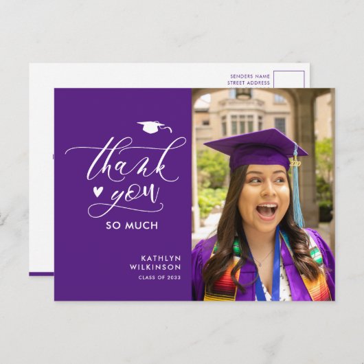 パープルエレガントスクリプト写真卒業ありがとう ポストカード (正面/裏面)