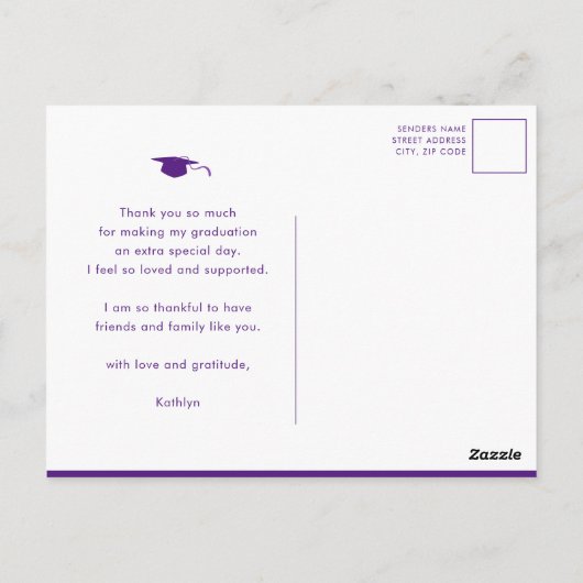 パープルエレガントスクリプト写真卒業ありがとう ポストカード (裏面)
