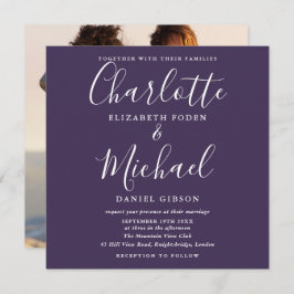 パープルエレガントスクリプト結婚式写真招待状 招待状