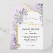 パープルエレガントスモーキーグレーフローラ金ゴールドアー結婚チ 箔招待状 (正面)