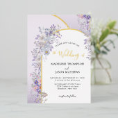 パープルエレガントスモーキーグレーフローラ金ゴールドアー結婚チ 箔招待状 (立ち正面)