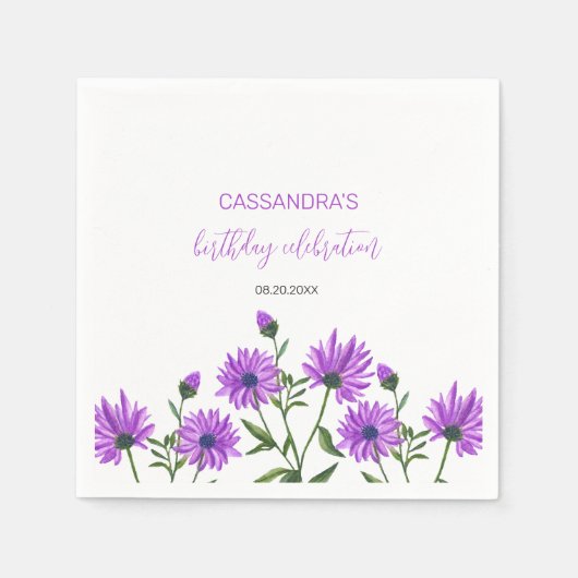 パープルエレガントゼランセムフローラ誕生日パーティー スタンダードカクテルナプキン (正面)