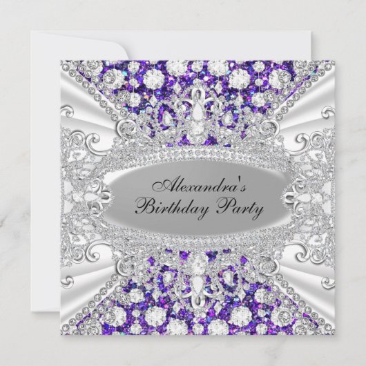 パープルエレガントダイヤモンドジュエルバースデーパーティー招待状 招待状 (正面)