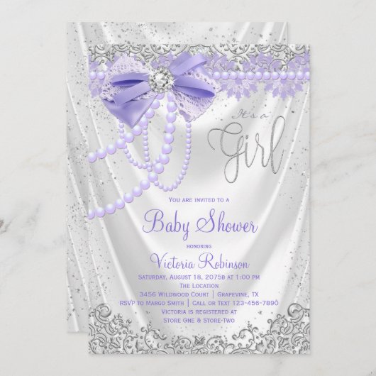 パープルエレガントダイヤモンドパールガーリーベビーシャワー 招待状 (正面/裏面)