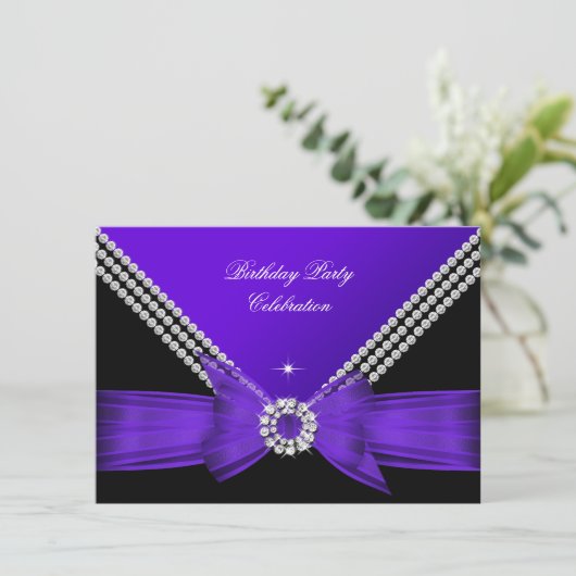 パープルエレガントダイヤモンドボウ誕生日パーティー2 招待状 (スタンド正面)