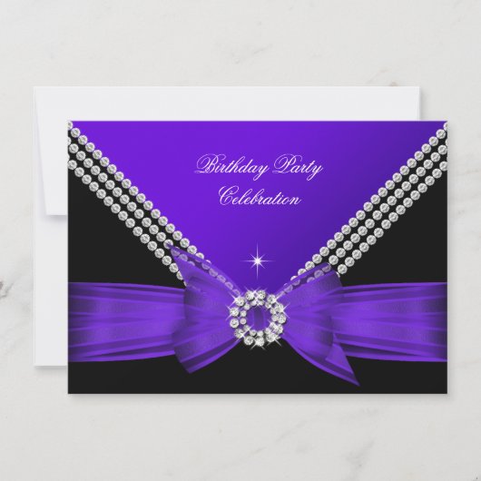 パープルエレガントダイヤモンドボウ誕生日パーティー2 招待状 (正面)