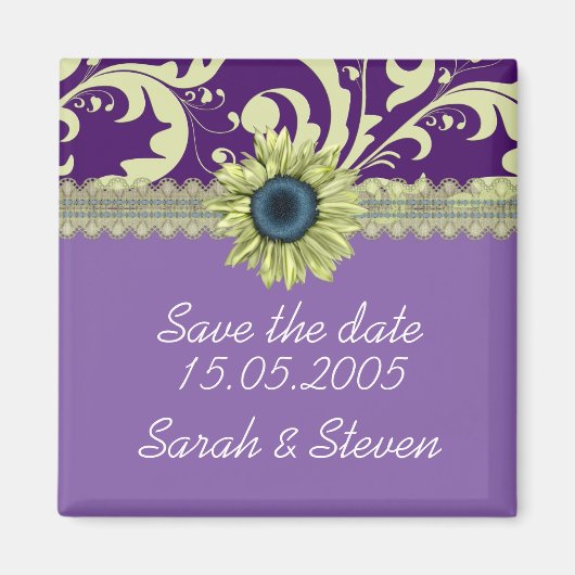 パープルエレガントダマスクサンフラワー日付を保存 マグネット (正面)