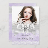 パープルエレガントダマスクシルバーフォトバースデーパーティー 招待状 (正面/裏面)