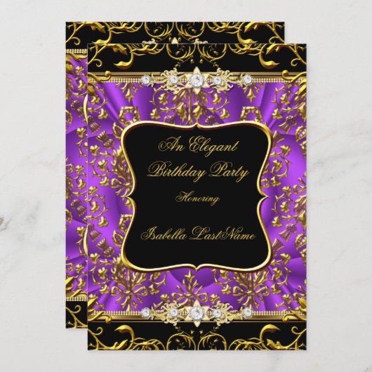 パープルエレガントダマスクブラック金ゴールド誕生日パーティー 招待状 (正面/裏面)
