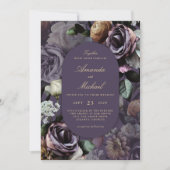 パープルエレガントダークムーディ結婚ーフローラ 招待状 (正面)