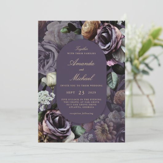 パープルエレガントダークムーディ結婚ーフローラ 招待状 (スタンド正面)