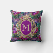 パープルエレガントティール(緑がかった色)ピーコックフローラ金ゴールドモノグラム クッション (裏面)