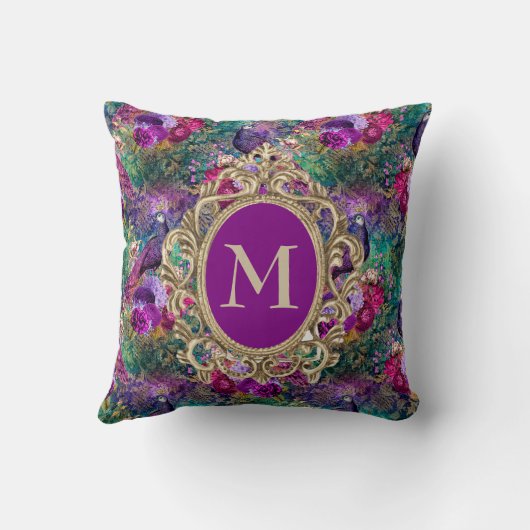 パープルエレガントティール(緑がかった色)ピーコックフローラ金ゴールドモノグラム クッション (裏面)
