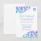 パープルエレガントティール（緑がかった色）フローリッシュバルミツワー披露宴 招待状 (正面/裏面)