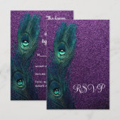 パープルエレガントティール（緑がかった色）ブルーピーコックウェディングRSVP 招待状 (正面/裏面)