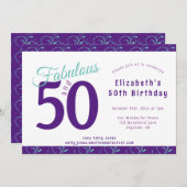 パープルエレガントティール（緑がかった色）50th誕生日パーティー 招待状 (正面/裏面)