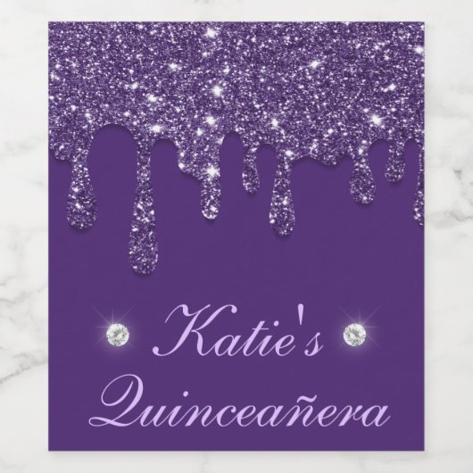 パープルエレガントドリッピンググリッターキンセアニェラ ワインラベル (シングルラベル)