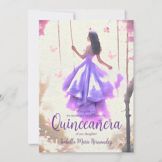 パープルエレガントドリーミードレスウォーターカラーキンセアニラ 招待状 (正面)