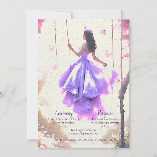 パープルエレガントドリーミードレスウォーターカラーキンセアニラ 招待状 (裏面)