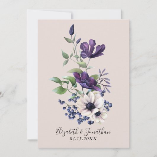 パープルエレガントネイビーシャンパーニュヴィンテージフローラ 招待状 (裏面)