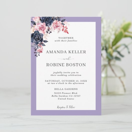 パープルエレガントネイビーバラ結婚式招待状 招待状 (スタンド正面)