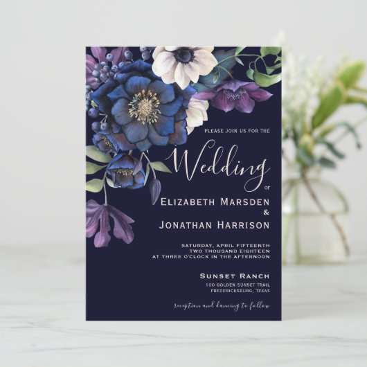 パープルエレガントネイビーブルークリームヴィンテージフローラ濃色 招待状 (スタンド正面)