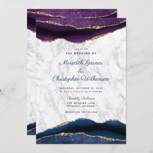 パープルエレガントネイビー金ゴールドアガートマーブル結婚ズ 招待状 (正面/裏面)