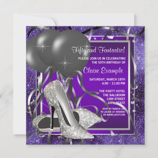 パープルエレガントハイヒール誕生日パーティー 招待状 (正面)