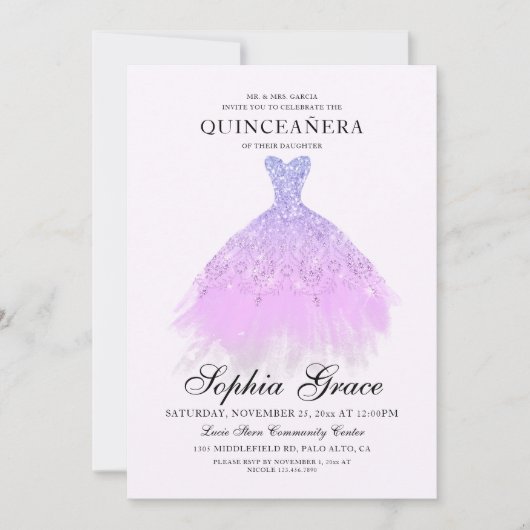 パープルエレガントバイオレットグリッターキンセアニラ 招待状 (正面)