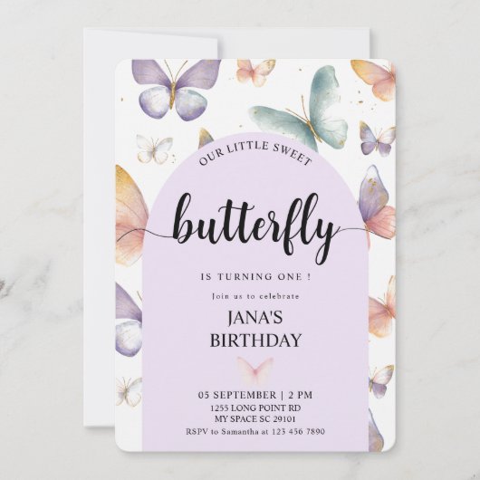 パープルエレガントバタフライ誕生日 | お洒落 招待状 (正面)