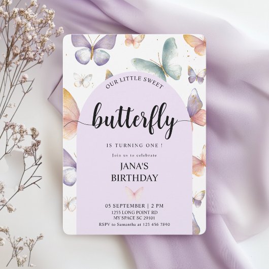 パープルエレガントバタフライ誕生日 | お洒落 招待状