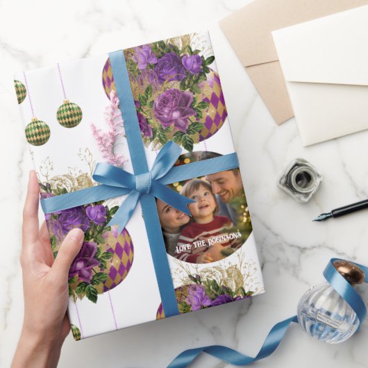 パープルエレガントバラとボーブルのクリスマスフォト ラッピングペーパー (ギフト)