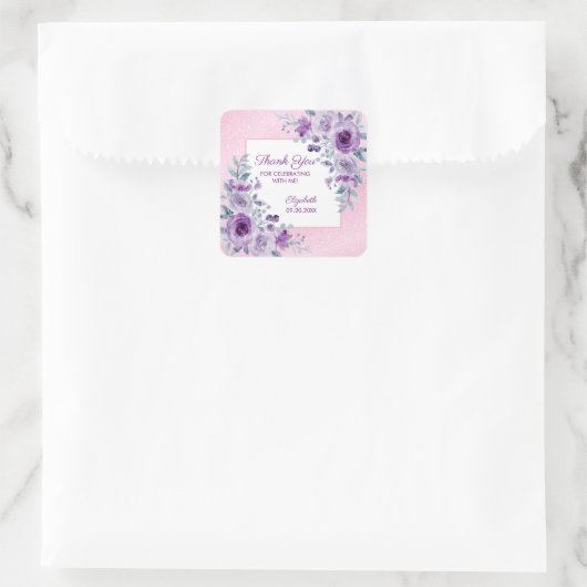 パープルエレガントバラグリッターピンクフローラ誕生日 スクエアシール (バッグ)