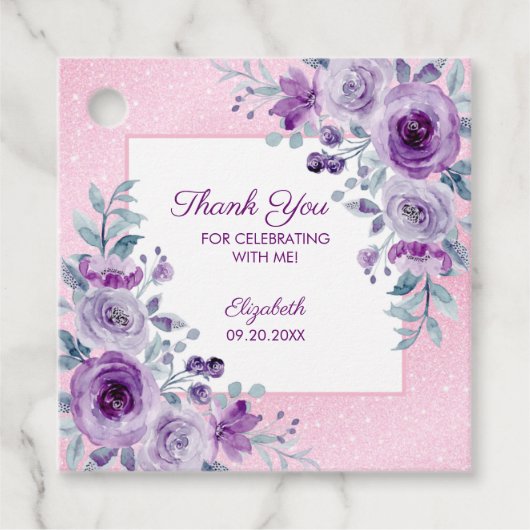 パープルエレガントバラグリッターピンクフローラ誕生日 フェイバータグ (正面)