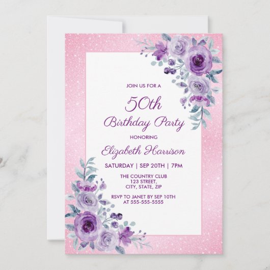 パープルエレガントバラグリッターピンクフローラ誕生日 招待状 (正面)
